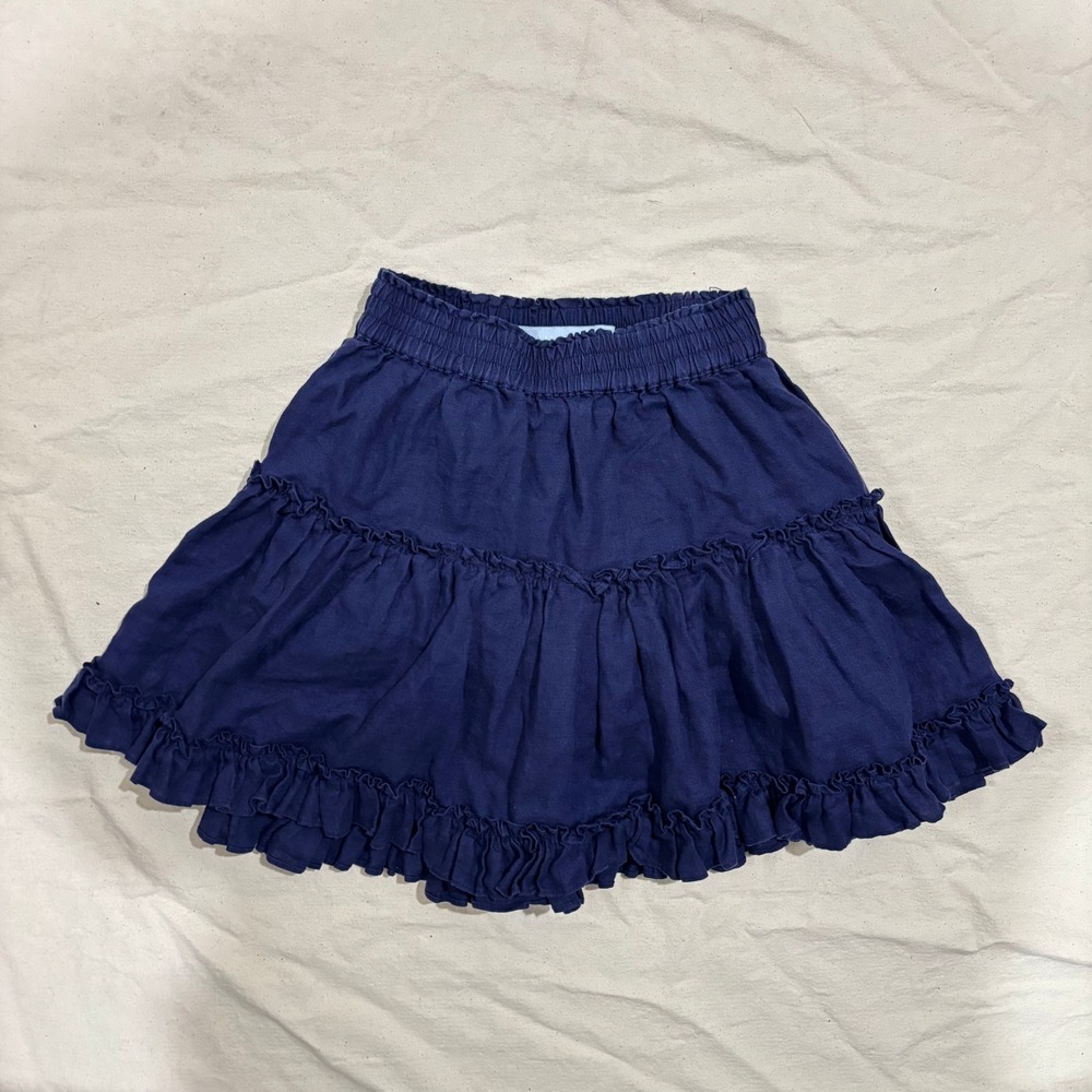 Hill House Navy Blue Linen Tiered Ruffle Mini Skirt XS Elastic Waist Lined